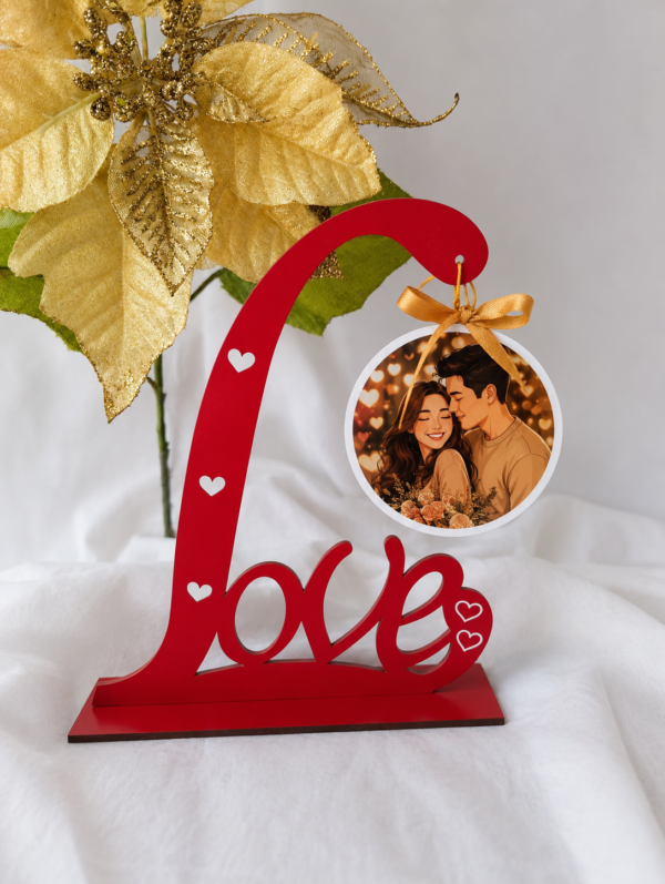 CORAZON Y LOVE DECORATIVO EN MADERA MDF PERSONALIZADO CON FOTO COLGANTE